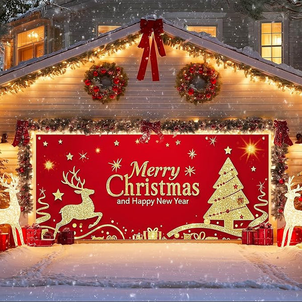 IVN Christmas Garage Door Cover Decoration 13x6ft Santa Glitter Gold Tree Reindeer on Red Holiday Christmas Garage Door Banner Home Garage Door Front Yard Decor for Xmas Eve Holiday Outdoor