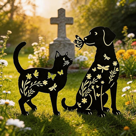 Black Metal Cat&Dog Silhouette Garden Stakes,Decorative Garden Stakes,Pet Memorial Grave Markers for Dogs&Cats,Outdoor Yard Art Decor, for Pet Lovers,Yard Art,Patio Lawn Ornaments