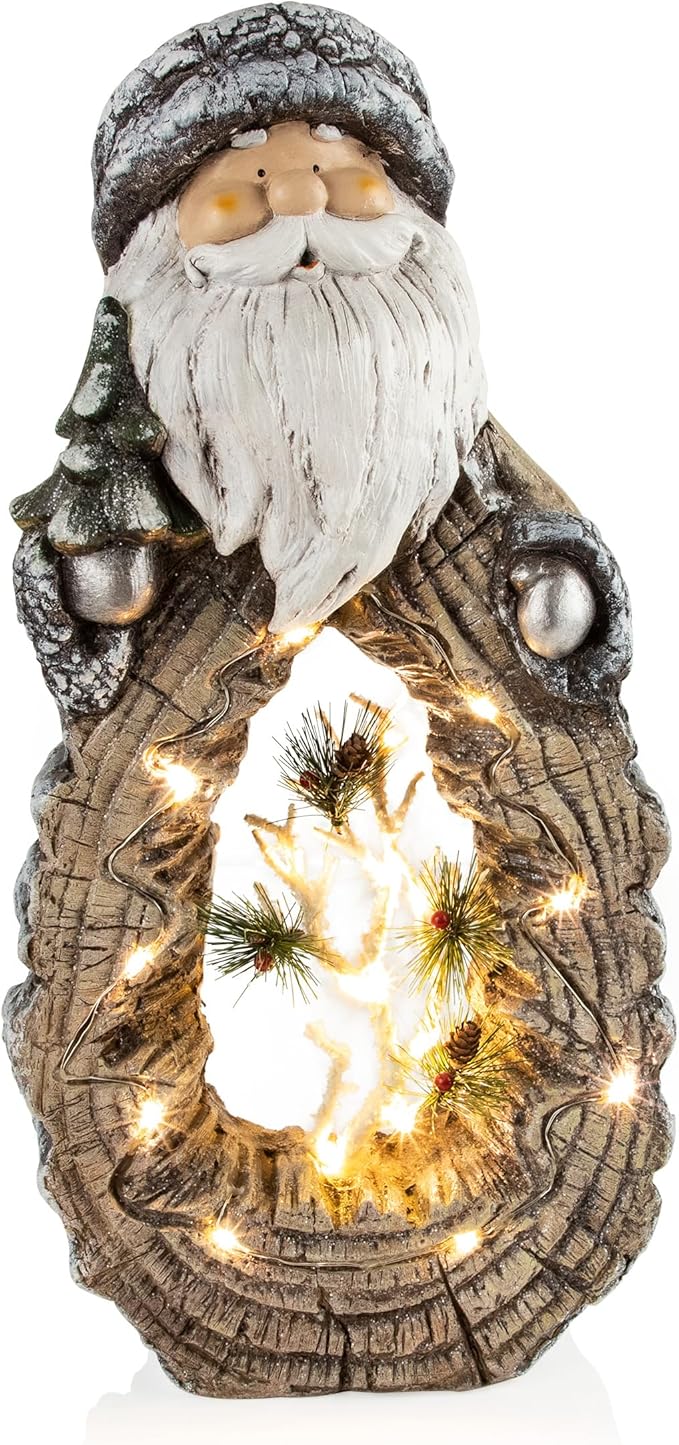Alpine Corporation 21" Tall Santa Christmas Statue with Carved Wood Look and 16 Warm LED Lights, Timer Function, Indoor/Outdoor Holiday Decoration for Porch or Entryway