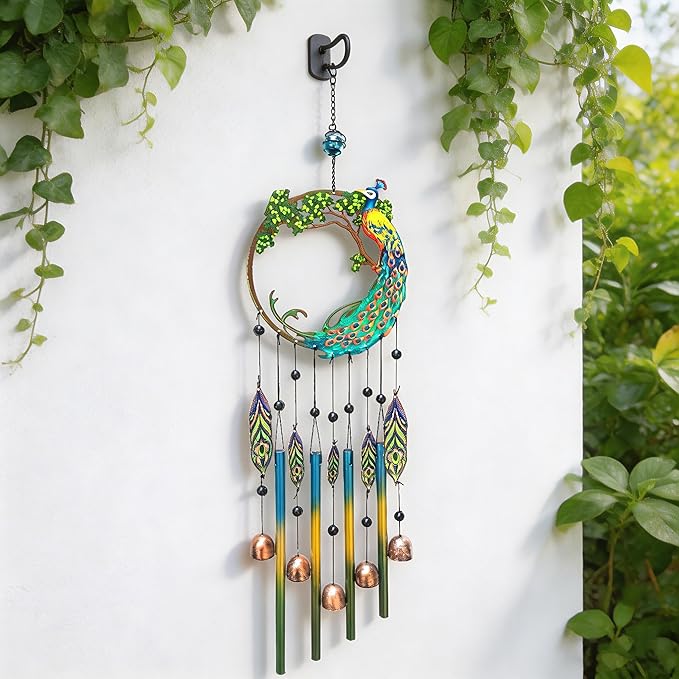 Peacock Dream Catchers Windchimes with Copper Bells 28" Peacock Wind Chimes for Zen Atmosphere Outdoor Garden Decor Unique Peacock Gift Home Decor