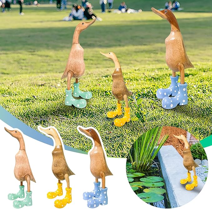 Wooden Crafted Duck Figurine with Spotty Wellies Funny Standing Duck Statues Decorative Resin Rain Boot Animal Sculpture Collectible Crafts Waterproof Garden Lawn Ornament (Blue, 9.8Inch)