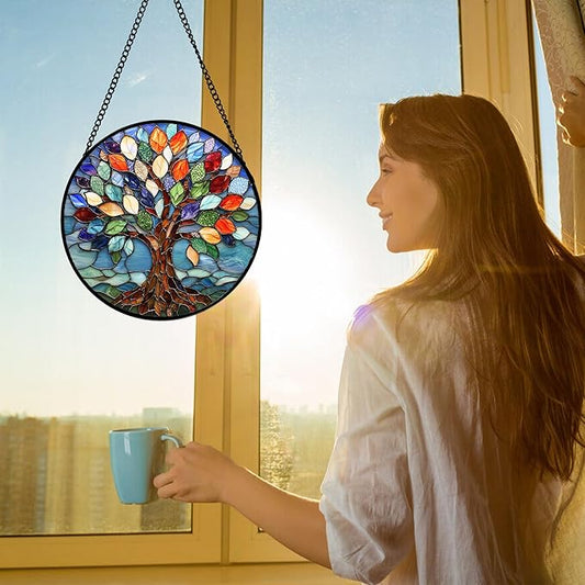 DASTOLL Stained Glass Window Hanging, Colorful Tree of Life Sun Catchers Glass Panel Blue Suncatcher Decor for Birthday for Women, Men, Wife, Aunt, and Mom 6.3 in