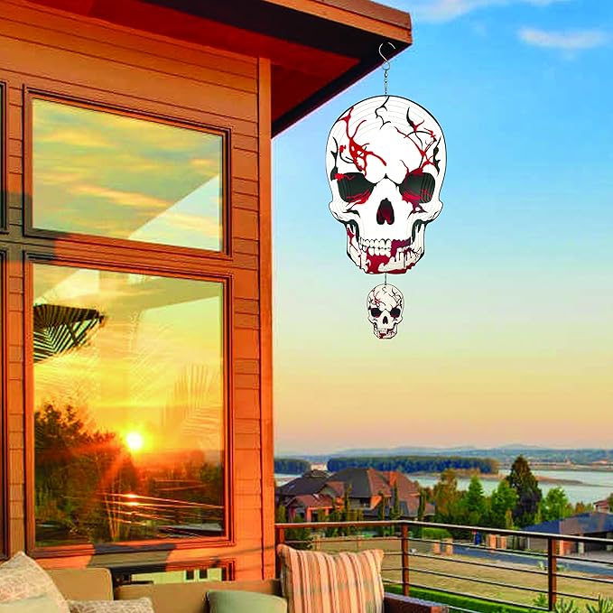 12inch Halloween Decoration Skull Wind Spinner Outdoor, 3D Kinetic Hanging Wind Sculpture, Stainless Steel Rustproof Garden Spinner Decor, Metal Yard Art, Unique Gift for Men, Holidays
