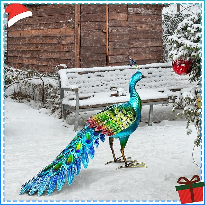 Elegant Metal Peacock Statue – Vibrant Garden Statues and Durable Metal Yard Art with Stunning Blue-Green - Peacock Decort for Patio Lawn or Backyard - Heartfelt Outdoor Art Gift for Women