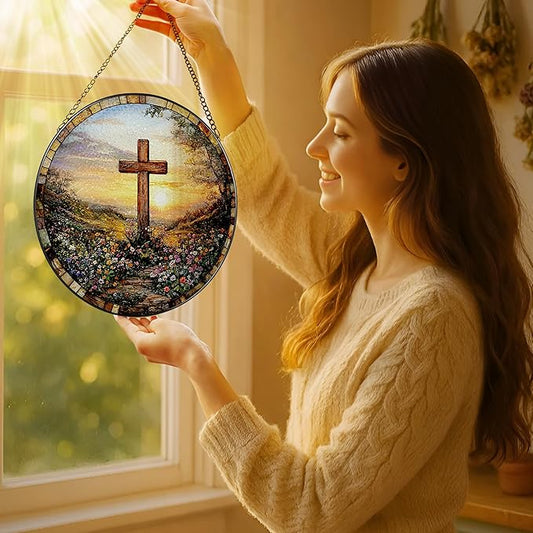 8 Inches Cross Sunset Stained Glass Suncatcher, Christmas Ornament, Window Hanging Decor, Christian Home Decor, Christian Gift, Religious Gift, Gifts for Christmas