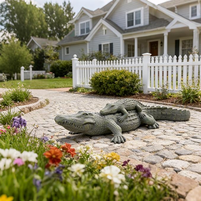 DiliComing Outdoor Alligator Statue Garden Decor - 28 Inch Realistic Resin Crocodile Garden Statues Mother & Baby Alligator Sculpture for Yard Lawn Beach Pool Decorations Gator Gifts