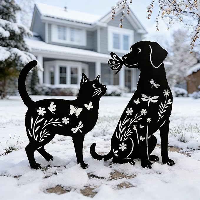 Black Metal Cat&Dog Silhouette Garden Stakes,Decorative Garden Stakes,Pet Memorial Grave Markers for Dogs&Cats,Outdoor Yard Art Decor, for Pet Lovers,Yard Art,Patio Lawn Ornaments