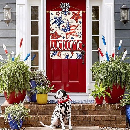 AVOIN colorlife Patriotic 4th of July House Flag 28x40 Inch Double Sided Outside, Welcome American Stars and Stripes Yard Outdoor Decoration