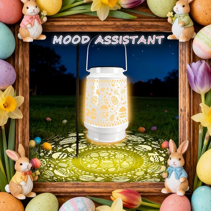 Easter Egg Decorations Outdoor Waterproof Solar Lantern Lights Tree Ornaments with Bunny Decor for Home, Garden, Patio, Yard, Lawn Porch Hanging Solar Light Easter Gifts for Kids Teens Women Adults