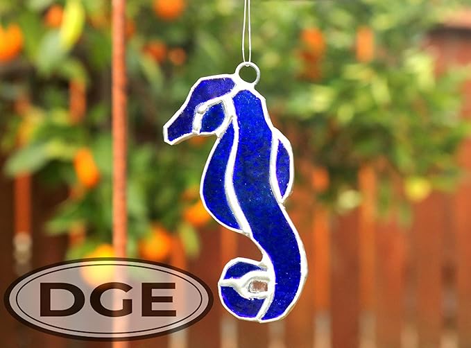 Stained Glass Ornament Seahorse Decor 3.5" x 1.5" Cobalt Blue Suncatcher for Window Hangings Sea Glass Ocean Animal Tiffany Figurines Sun Catcher Garden - Beach Themed Office Home Decor