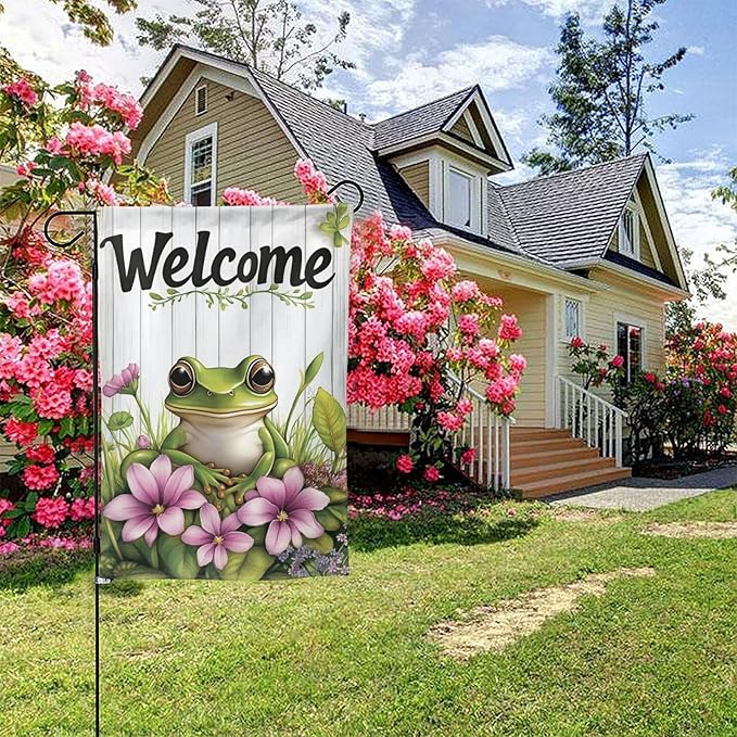 Welcome Frog Pink Flowers Garden Flags 12×18 Inch Double Sided Decorative Yard Banner Seasonal Flag for Outdoor Outside Decor