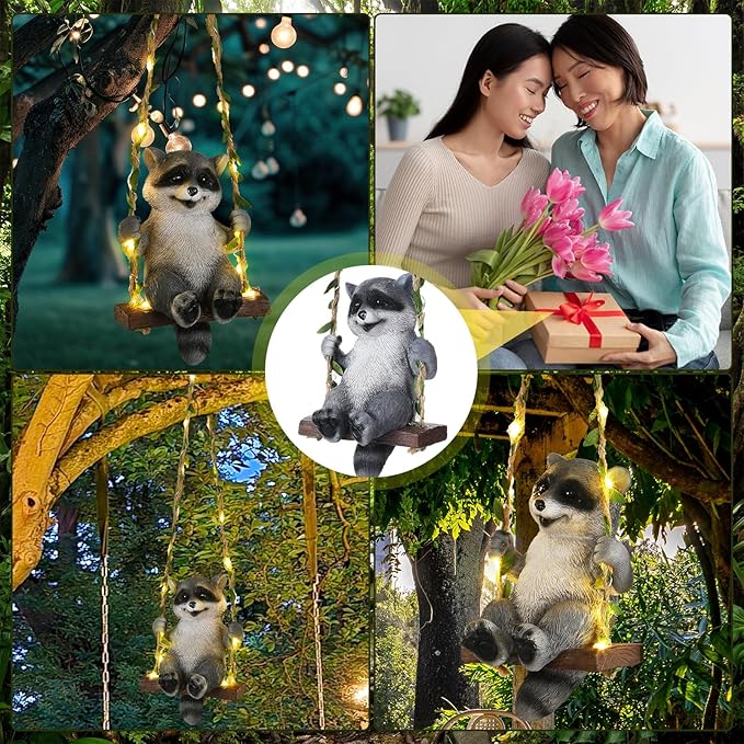 Thyle Solar Light Outdoor Raccoon Statues 19" H Hanging Raccoon on Swing with LED Light Resin Waterproof Hanging Animal Figurine with Hook for Yard Garden Wall Decoration Gift
