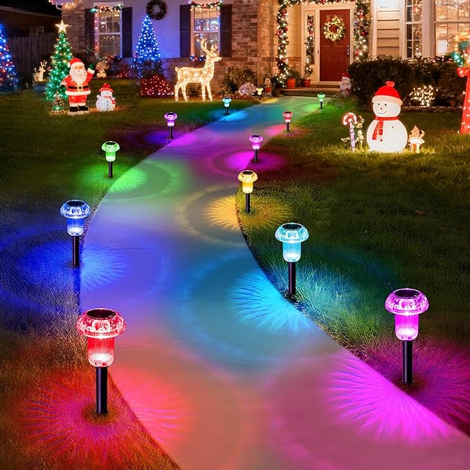 Priddop Solar Lights Outdoor Pathway Waterproof 12 Pack Color Changing LED Acrylic Mushroom Decorative Garden Lights for Yard Landscape Patio Outside Decorations