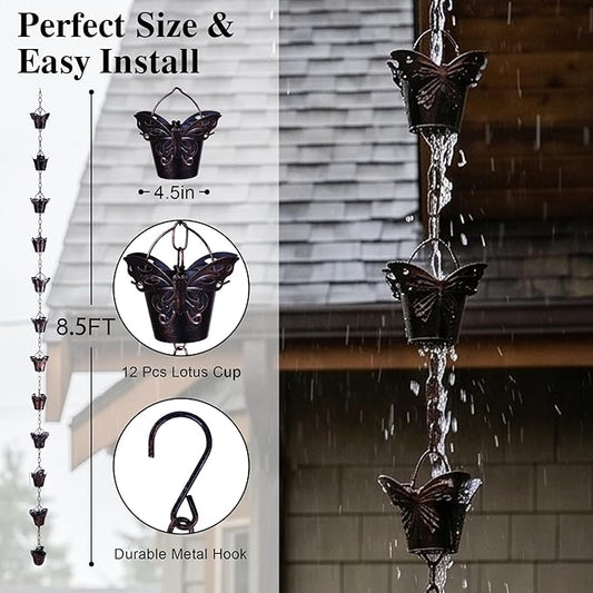 DUSVALLY 8.5FT Metal Butterfly Rain Chain, Functional and Decorative Replacement for Gutter Downspouts, Divert Water and Home Display, Adjustable Length, 12 Cups, Black