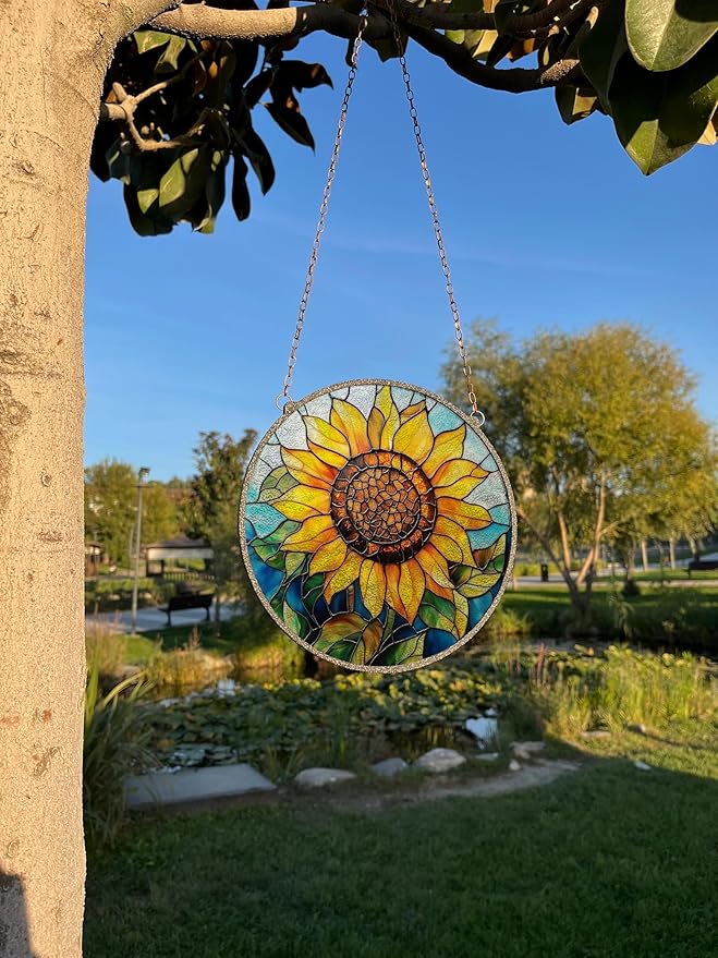 Sunflower Stained Glass Window Ornaments, Painted Suncatchers, Patio Decor, Outdoor Garden Decor, Balcony Decor, Home Decor, Glass Art, 7.8 inch