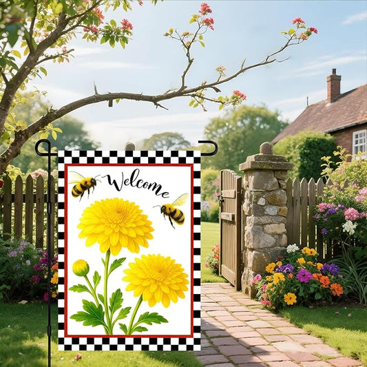 IVN Welcome Garden Flag 12x18 Inch Double Sided Spring Summer Garden Yard Flags Yellow Chrysanthemum Flowers Bees Decorative Small Flags for Outdoor Seasonal Front Door Lawn Porch Patio Decor Yard Flag