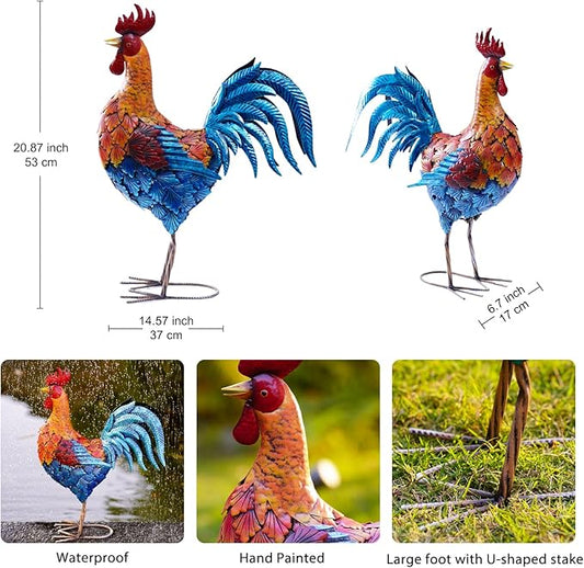 Goodeco Garden Rooster Outdoor Statue - 21 Inch Yard Decor, Perfect Gardening & Housewarming Gifts, Home and Outdoor Red Rooster Decor - Stylish Metal Design