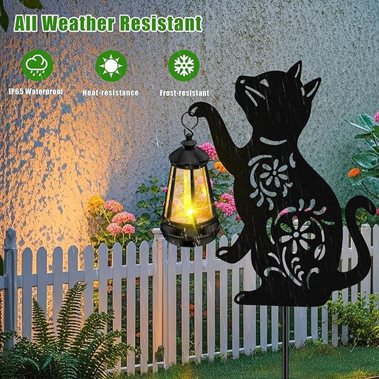 ZFNN Solar Garden Statues Cat Decor - Outdoor Metal Lantern Silhouette Stake, Waterproof Solar Lights for Yard Patio Lawn Pathway Art Decoration, Unique Gardening Gifts for Women Mom Cat Lovers 2Pack