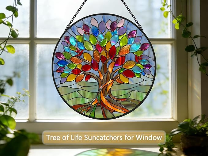 Stained Glass Window Hangings, Tree of Life with Hummingbird Suncatchers for Window, Treasured Gift for Mom, Grandma, Family and Friends (Colorful, 6.7x6.7 in)