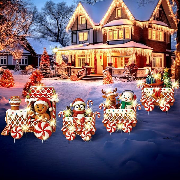 Marsui 4 Pcs Christmas Train Decoration Yard Sign with 4 LED Light Lawn Sign Christmas Red Gingerbread Penguin Snowman Train Set with 8 Stake for Xmas Garden Outdoor Holiday Party Decor