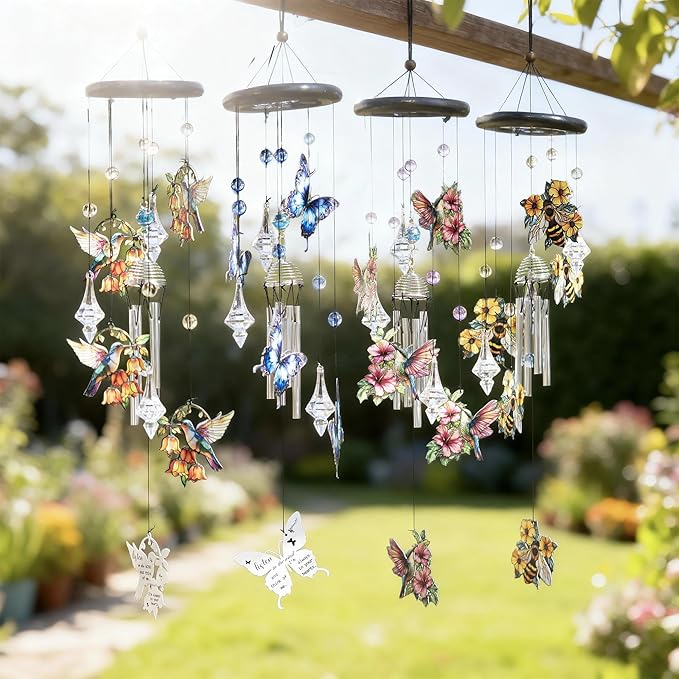 YU FENG Butterfly Memorial Wind Chime with Crystal Suncatcher – 27 Inch Outdoor Wind Chimes for Garden, Blue Butterfly Sympathy Gift for Loss of Loved One, Remembrance Decor for Yard, Patio, Mom