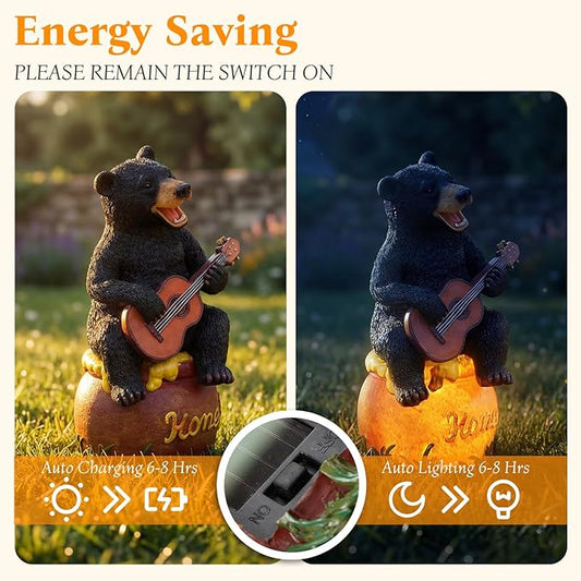 PETAFLOP Solar Bear Guitar Garden Decor, Outdoor Ornament for Patio Porch Yard, Heartwarming Housewarming Gift