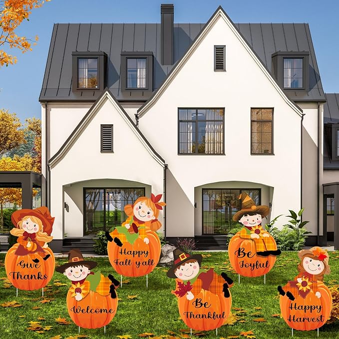 6 Pcs Thanksgiving Scarecrow Yard Stakes Harvest Outdoor Decorations with Stakes for Lawn Garden Porch Thanksgiving Decor Holiday Yard Signs