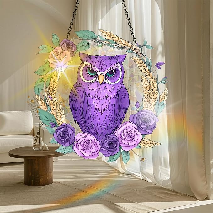 VAIIEYO Owl Acrylic Sun Catcher Window Hanging Decoration, 7.8 Inch Double-Sided Light Reflecting Ornament for Window, Garden, Porch or Balcony Decor, Housewarming, Gift for Natural Lovers