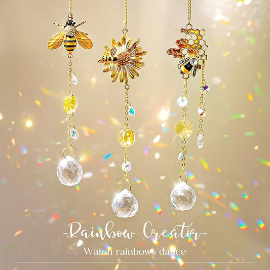 H&D HYALINE & DORA 3 Pack Sun Catcher Crystal Honeycomb Bee Ornaments Crystals Bumblebee Honeycomb with Glass Prisms Decor Garden Suncatcher Window Hanging Gifts for Women,Bee Lovers