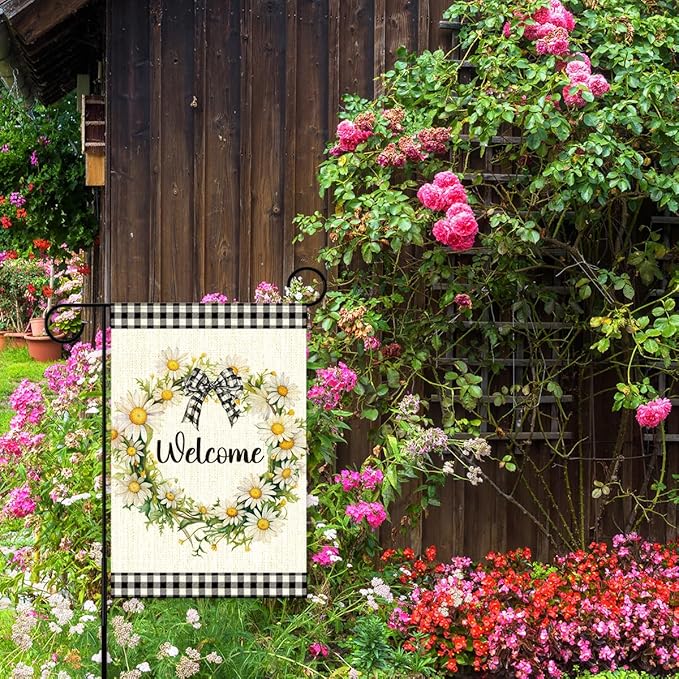 Daisy Wreath Welcome Garden Flags for Outside,Spring Flowers Garden Flag Yard Lawn Porch Flag for Outdoor Decorations 12x18 Inch Double Sided