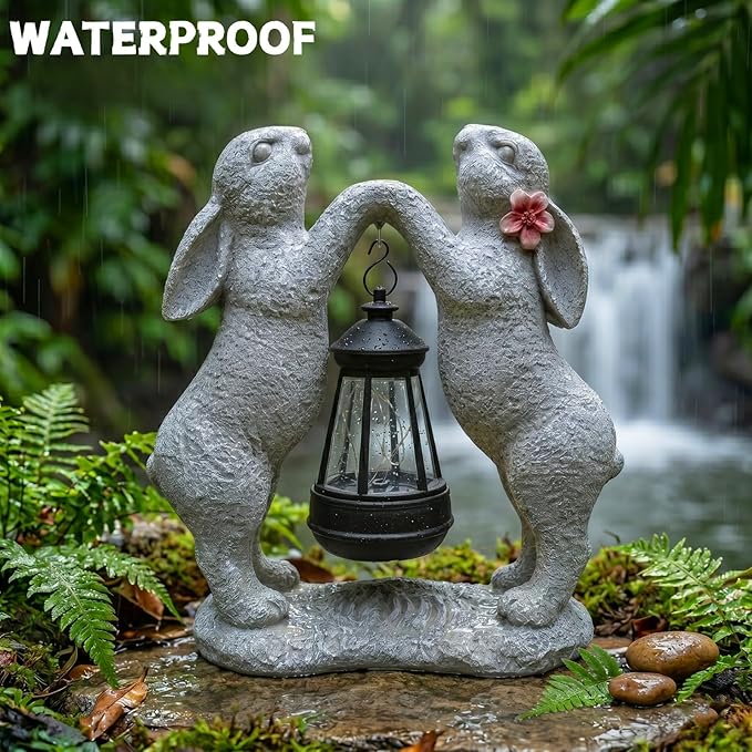 Rabbit Solar Garden Statue, Outdoor Double Bunny Decorations with Hanging Lantern, Bunny Figurines Decor for Patio Yard Lawn, Whimsical Housewarming Gifts for Women & Garden Lovers