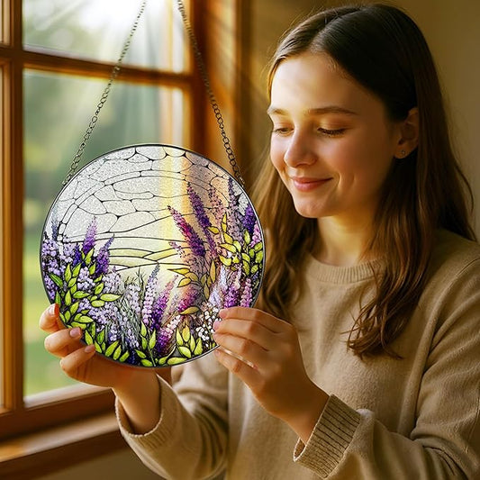 Lavender Flower Stained Glass Suncatcher, Stained Glass Window Hanging, 8 Inch Green Plants Suncatcher Decor for Birthday for Women, Wife, Lovers, Mom, Grandma, Gift Idea
