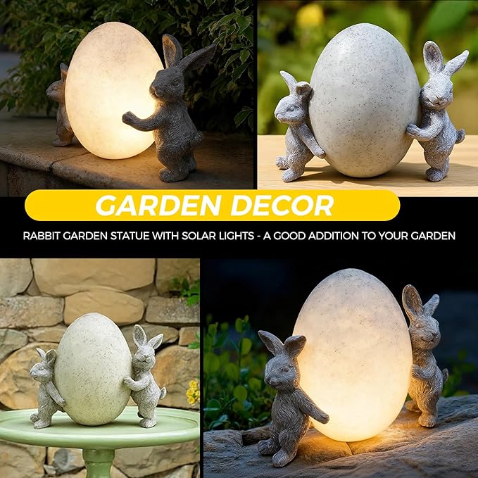 Solar Bunny Garden Statue with LED Light โ Cute Solar Garden Decor Outdoor Rabbit Statue for Patio Yard Backyard Lawn, Bunny Decor Garden Statues, Easter Rabbit Gifts-Egg