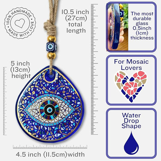 Mosaic Water Drop Evil Eye | The Thickest & Most Durable Glass Hanging Decor and Suncatcher | Positivity - Art - Charm | Indoor & Outdoor | Ojo Turco | Boho Protection Ornament | Turkish Nazar Amulet