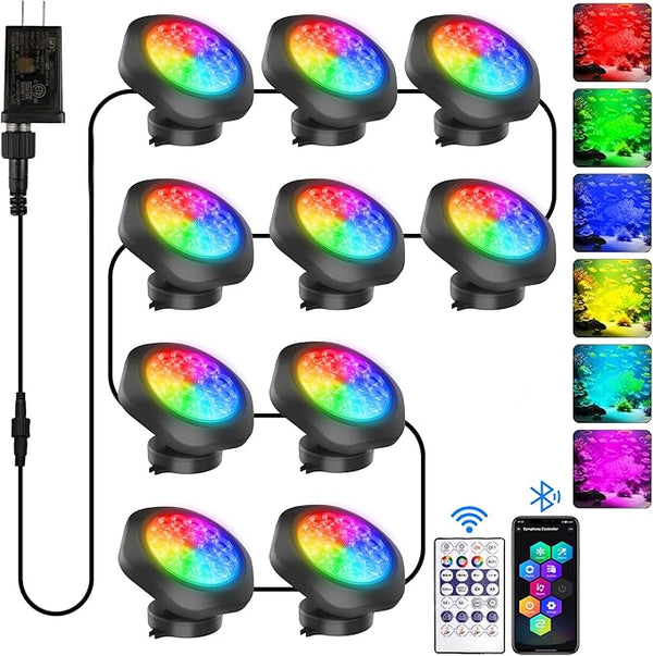 T-SUN Submersible RGB LED Pond Lights – IP68 Waterproof Fountain Lights with Smart App & Remote, 16 Million Colors Underwater Lighting for Koi Ponds/Garden Water Features Aquarium (10-Pack)