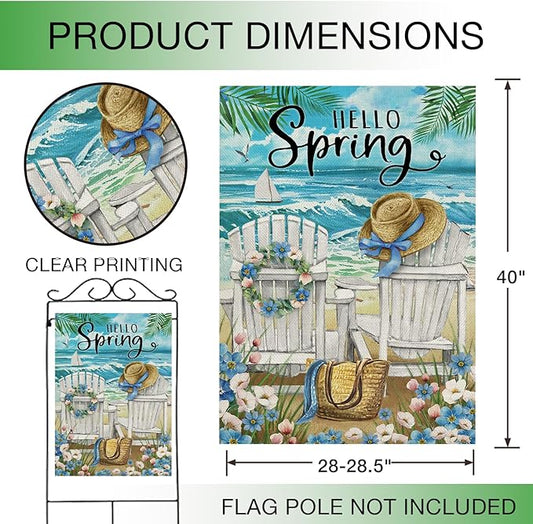 Hzppyz Hello Spring Chairs House Flag Double Sided, Forget Me Not Flower Coastal Beach Decorative Garden Yard Outdoor Large Decor, Nautical Sailboat Bag Hat Burlap Home Outside Decoration 28 x 40
