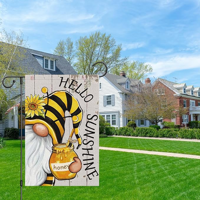 Heyfibro Hello Sunshine Summer Gnome Garden Flag 12x18 Double Sided Burlap Spring Sunflower Small Yard Banner for Rustic Seasonal Outside Outdoor House Decoration (ONLY FLAG)