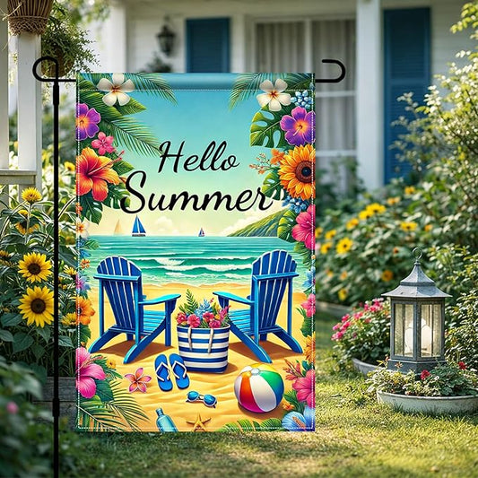 HOMETITUTE Hello Summer Garden Flag Beach Chair Sunset Sea 12x18 Inch Double Sided Welcome Small Seasonal Holiday Yard Outdoor Sign Outside Home House Beach Party Decorations