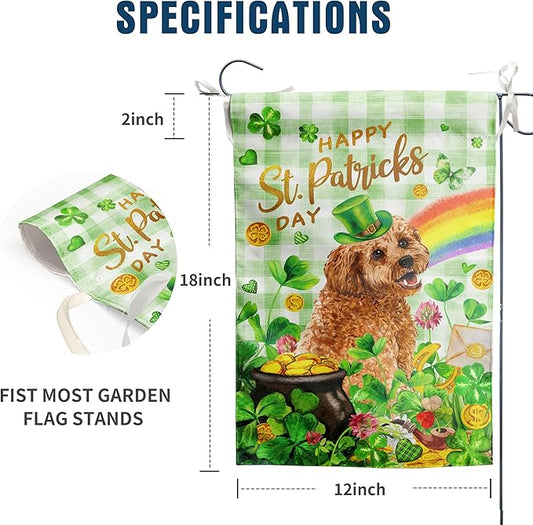Golden Doodle St Patricks Day Garden Flag Dog St Patrick's Day Yard Flags for Outside 12x18 Double Sided Buffalo Plaid Shamrock Flag Small Outdoor Rainbow St Patrick's Decor