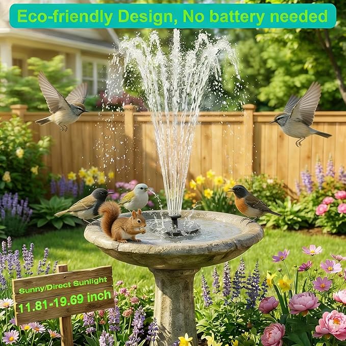 Solar Fountain for Bird Bath, Solar Bird Bath Fountains Pump with 6 Nozzles, 2026 Upgraded Free Standing Floating Solar Powered Water Fountain Pump for Bird Bath, Garden, Pond, Pool and Outdoor