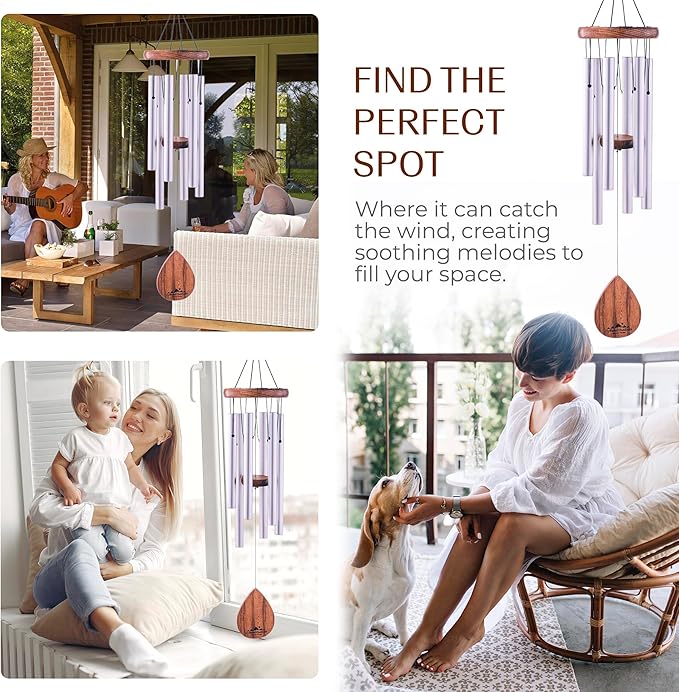 UpBlend Wind Chimes for Outside Gift – Deep Tone Wind Chime with Decorative Stone – Porch & Patio Decor, Elegant Outdoor Ornament, Garden Gifts. 28” Silver.