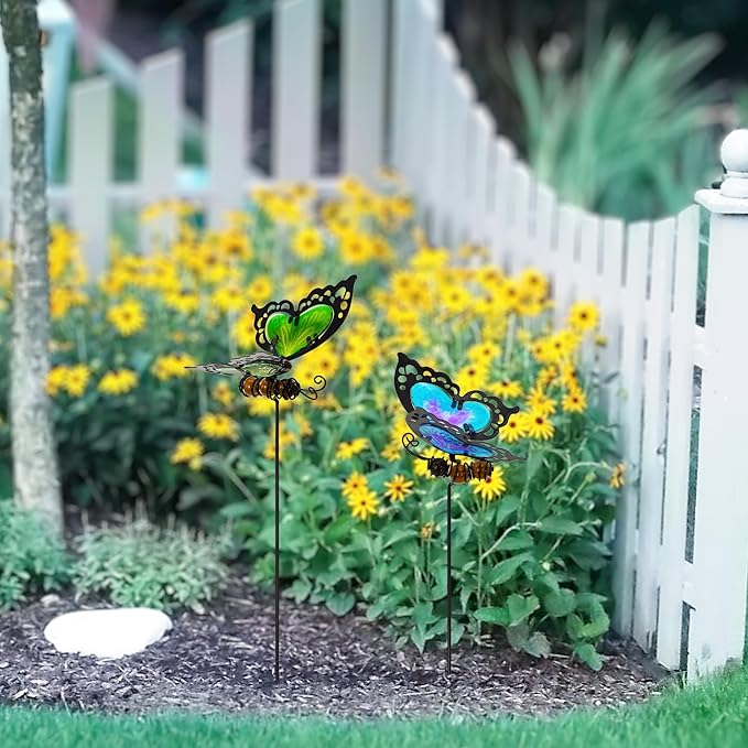Butterfly Garden Stakes,Butterfly Kit Made of Glass and Metal,Colorful Butterflies Garden Decorations Can Make the Garden Full of Color and Vitality. (Blue and Green)