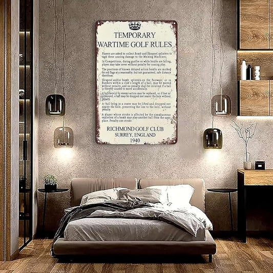 Temporary Wartime Golf Rules Metal Signs Retro Wall Decor For Home Cafes Office Store Pubs Club Man Cave Bathroom Sign 12X8 IN