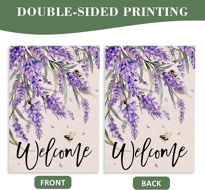 Welcome Spring Lavender Decorative House Flag, Purple Floral Flowers Bee Garden Yard Outside Decorations, Summer Farmhouse Outdoor Large Home Decor Double Sided 28 x 40