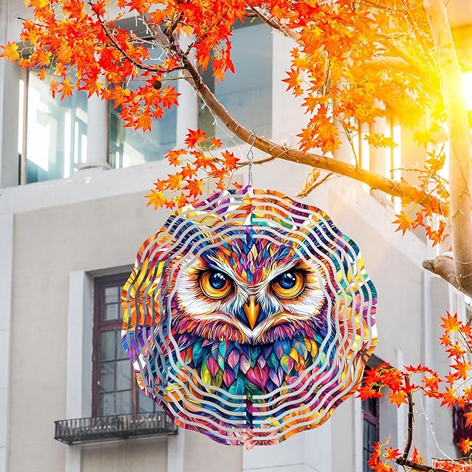 10 Inch 3D Owl Wind Spinner, Laser Cut Metal Hanger Kinetic Wind Rustproof Sculpture for Garden Yard Art Lawn Balcony Window Porch Outdoor Indoor Decor