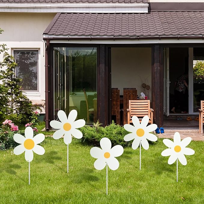 5 Pcs Metal Spring Yard Decorations Outdoor Daisy Flowers Yard Signs with Stakes Cute White Daisy Decorative Lawn Signs for Indoor Outdoor Garden Pathway Walkway Spring Holiday Party Decor