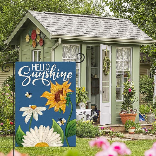 AVOIN colorlife Daisy Sunflower Hello Sunshine Garden Flag 12x18 Inch Double Sided, Summer Seasonal Holiday Burlap Yard Outdoor Decoration Blue