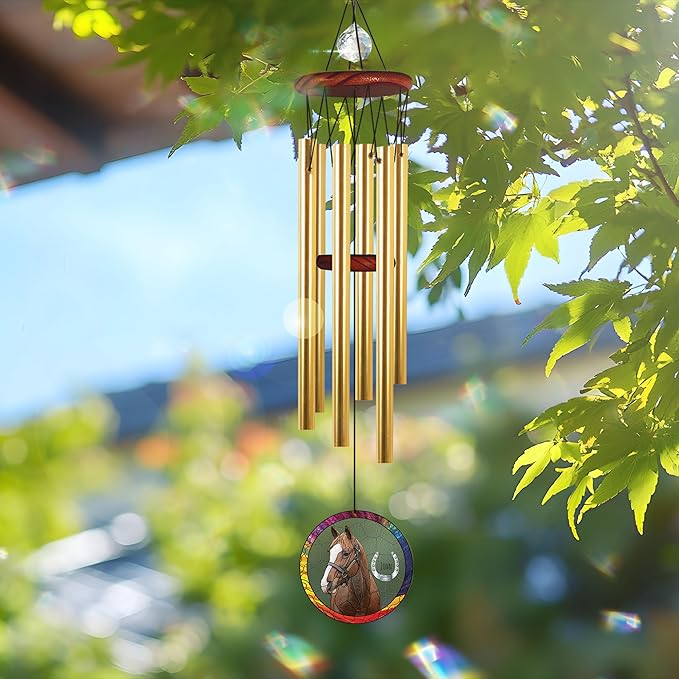 Personalized Horse Wind Chimes for Outside, Custom Photo Crystal Pet Suncatcher Ornament, Horse Lover Gifts for Women Men, Unique Pet Memory Keepsake, Windchimes Outdoors for Garden Home Décor