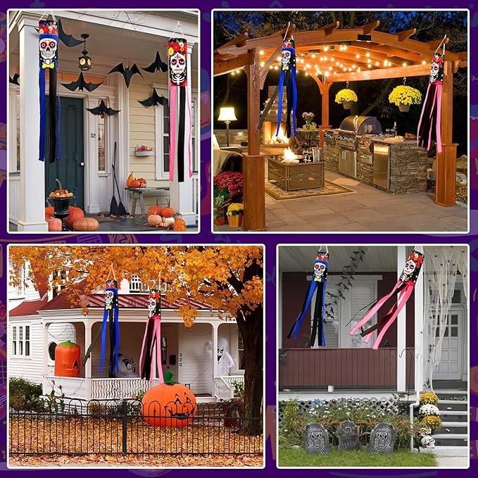 NOVWANG 2 Pcs Day of The Dead Windsocks, Dia de Los Muertos Wind Socks Day of The Dead Hanging Windsock Flag Decoration for Garden Yard Porch Backyard Patio Decor