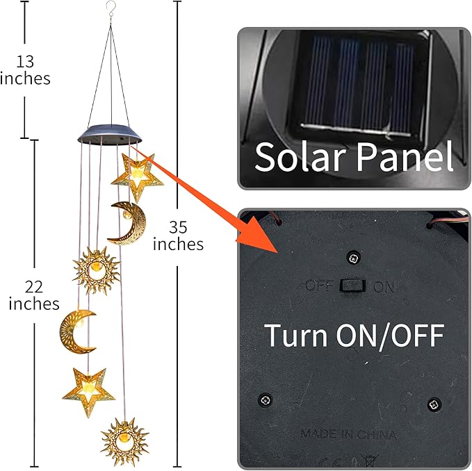 Solar Wind Chimes for Outside Lights Sun Moon Star Outdoor Hanging Decor Warm Lights Prefert Gifts for Mom Wife Outdoor Windchimes for Garden Yard Patio Christmas Birthday Mothers Day